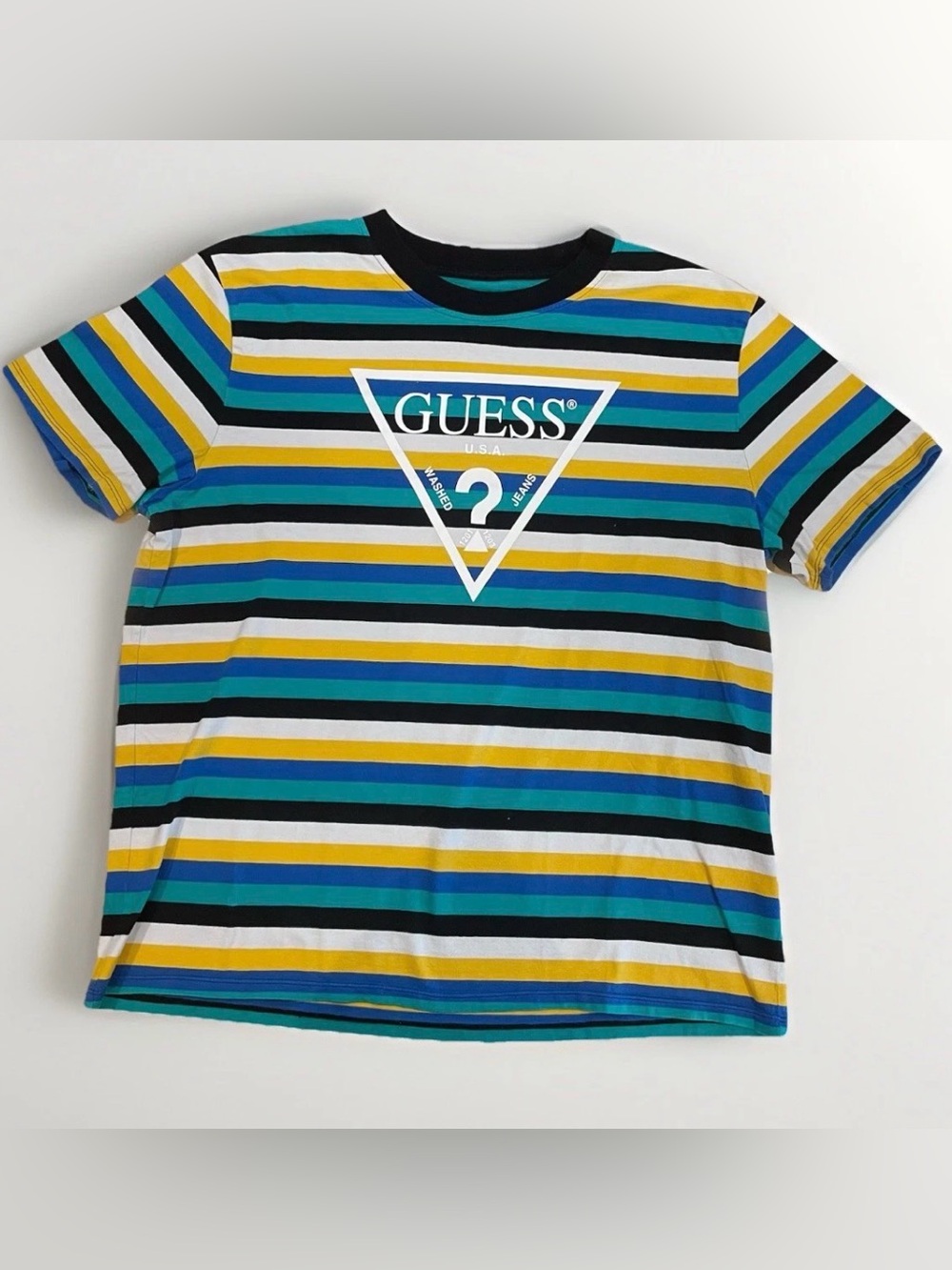 Vintage Guess Striped T-Shirt Size XL 90s Triangle Logo Graphic Green Yellow